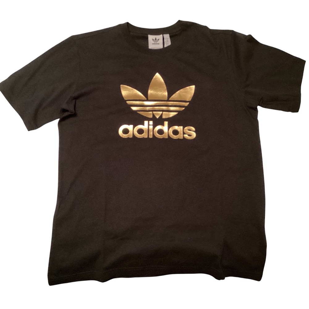 Adidas Originals Trefoil Tee Mens Medium Black Gold Foil Logo Shirt JD0945 NWT - Picture 3 of 5